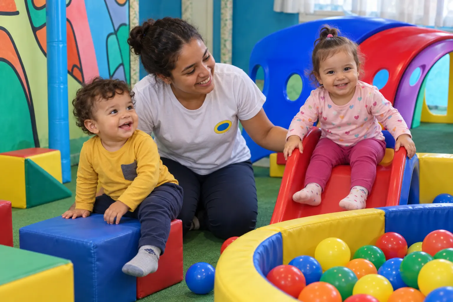 Educadora com bebês brincando no espaço colorido do berçário