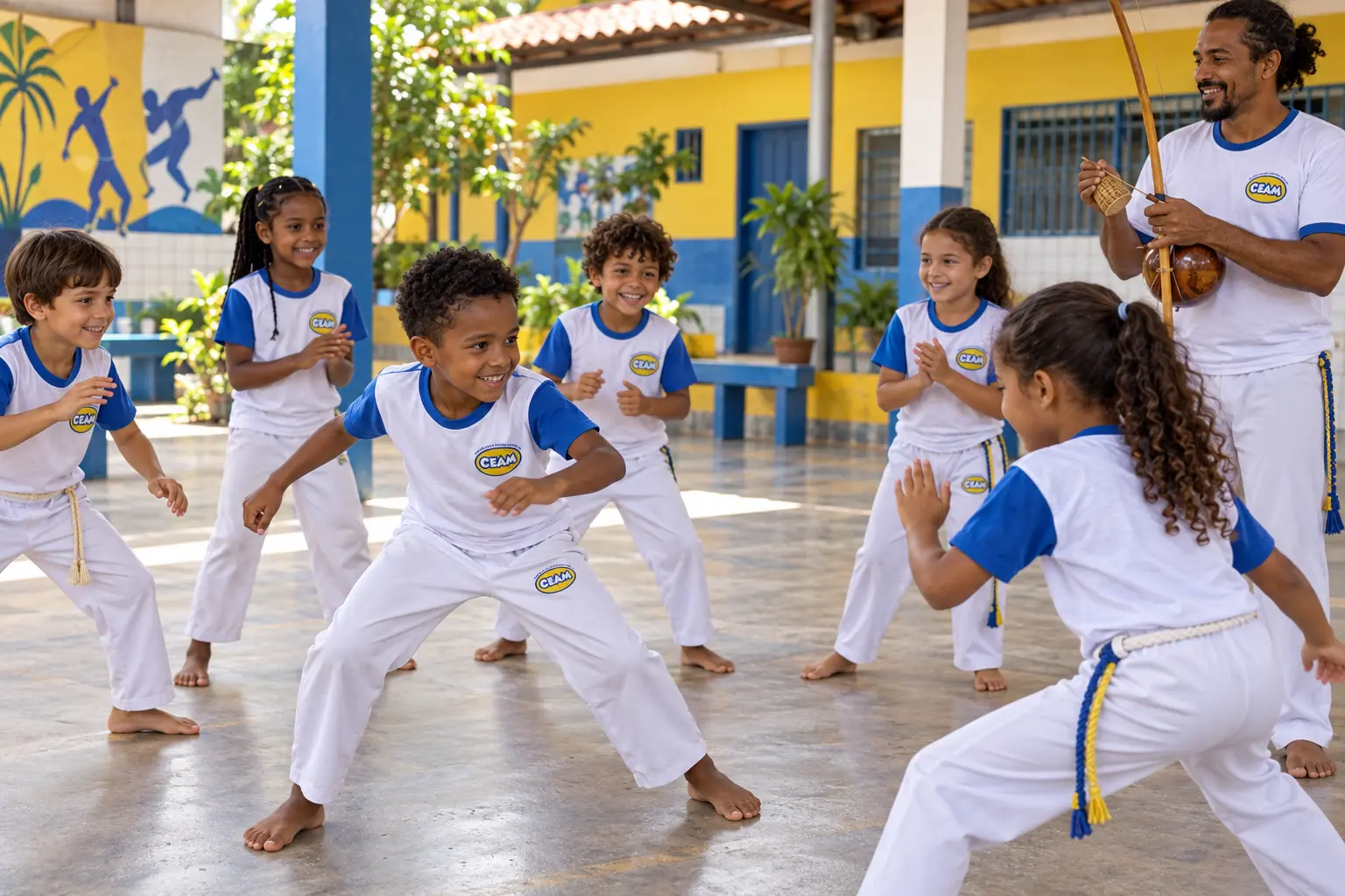 Crianças com uniforme CEAM em aula de capoeira