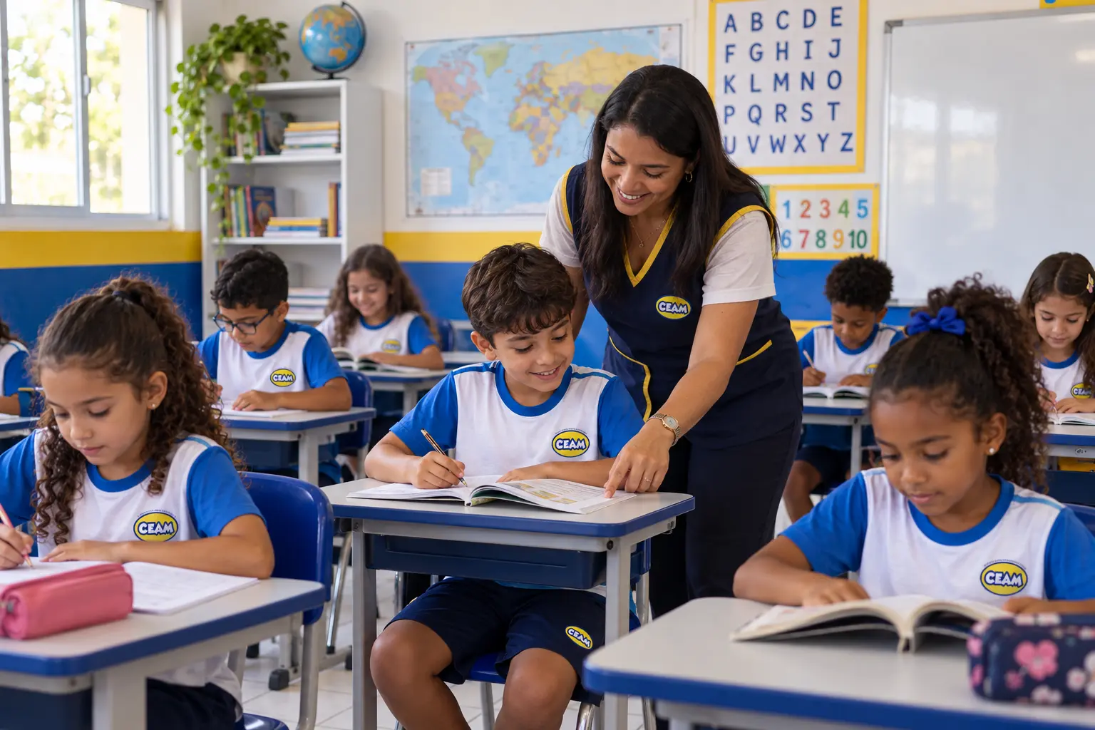 Alunos do Fundamental I lendo e escrevendo com a professora