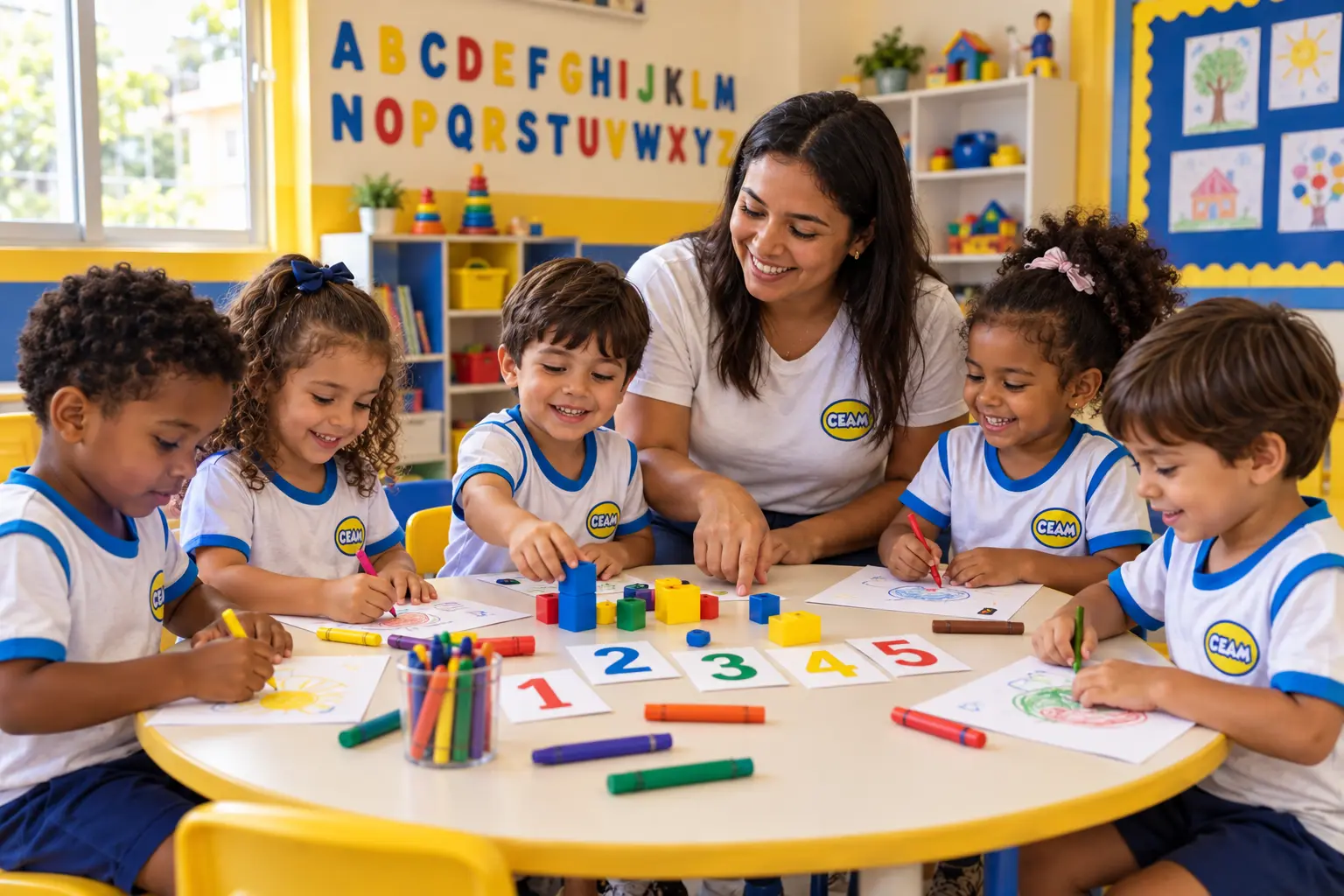 Professora com crianças de uniforme CEAM em atividade na sala